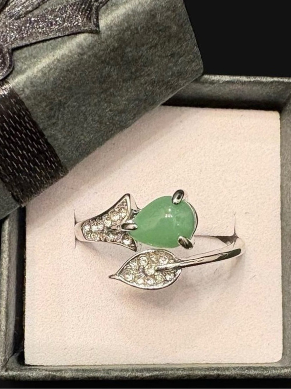 Teardrop Natural Jade Silver Plated Leaf Adjustable Ring